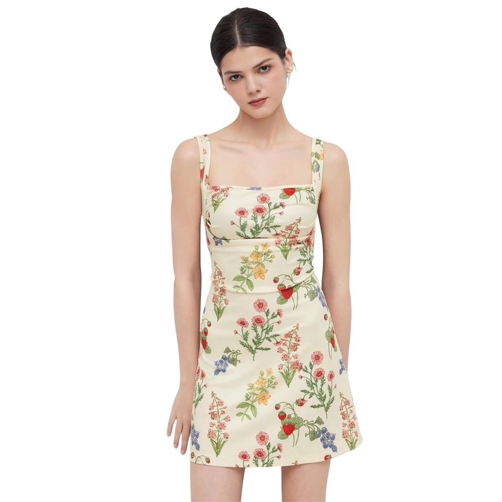 Cider Mini Dress Women XS Beige‎ Floral Ribbed Square Neck Sleeveless